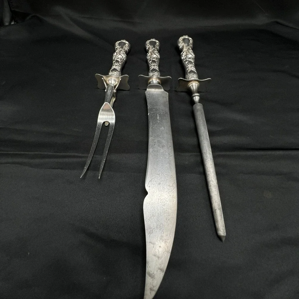 VTG 1835 R Wallace Silver Plate 3 Pcs Carving Set Knife Fork Steel Ornate Floral